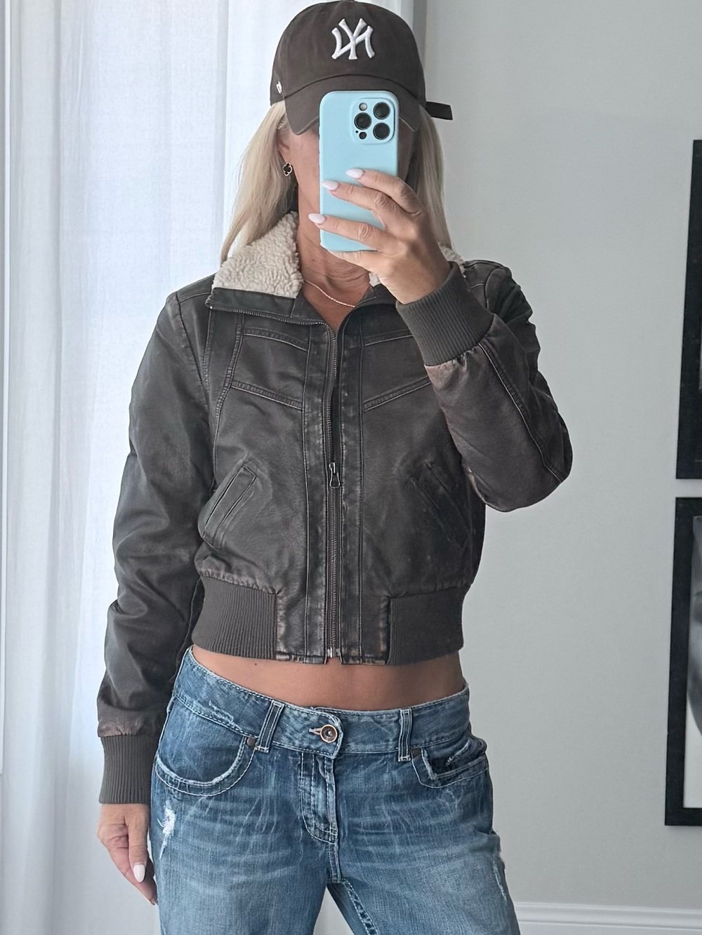 Y2K vintage Mudd Brown Faux-Leather Bomber Jacket with Sherpa Collar